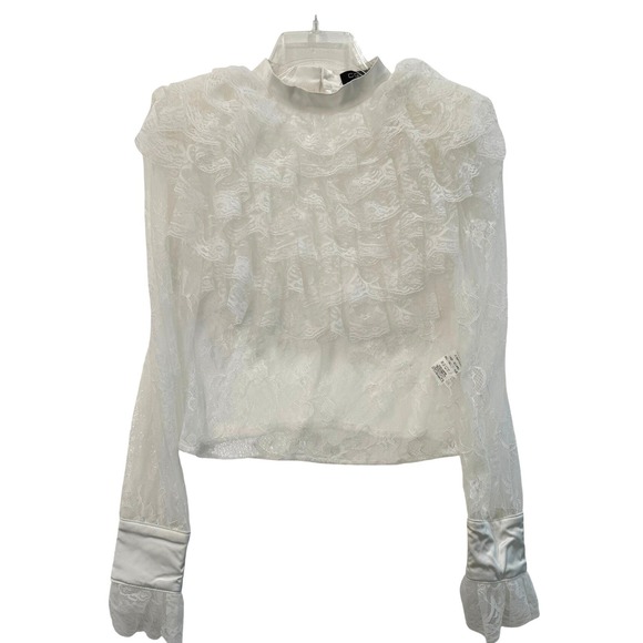CQ by CH Tops - Bloomingdale's CQ by CH Small Off-White Sheer Mesh Lace Ruffle Satin Trim Blouse